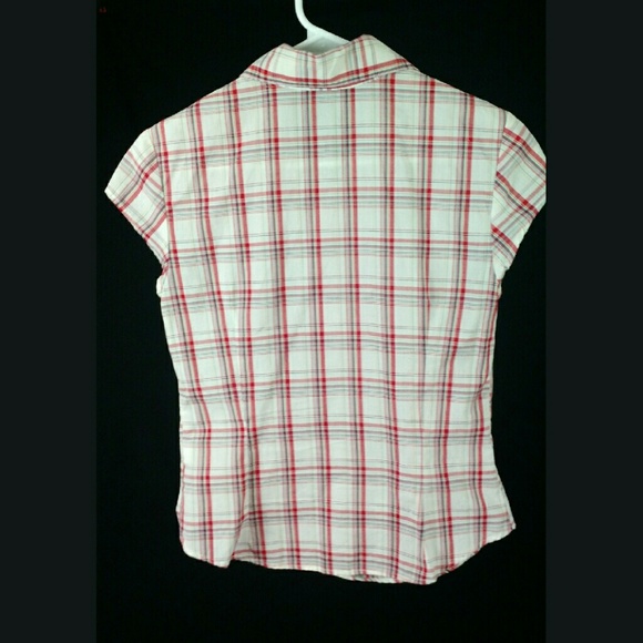 White & Red Plaid Cap Sleeve Button Down Top L - Picture 2 of 3