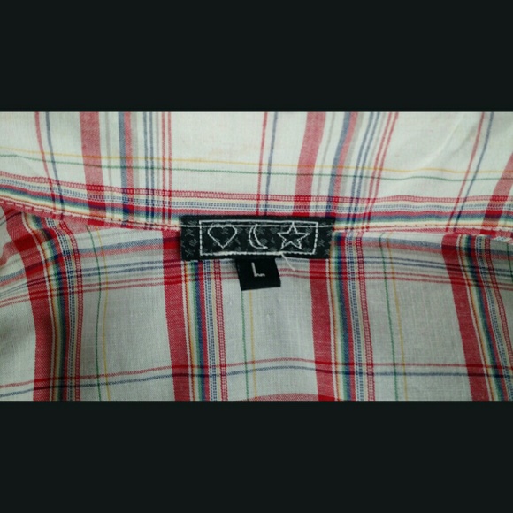 White & Red Plaid Cap Sleeve Button Down Top L - Picture 3 of 3