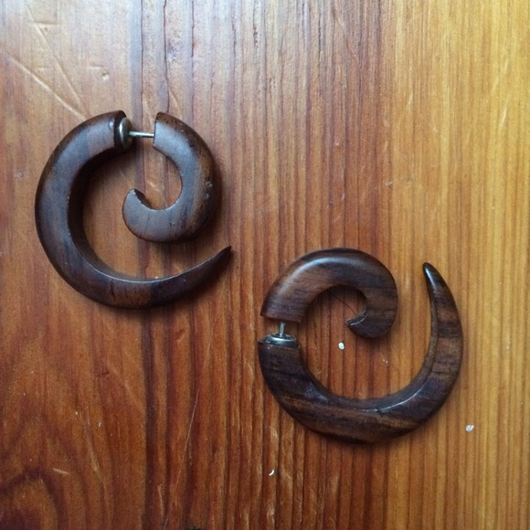 Hand carved wood "faux gauge" earrings