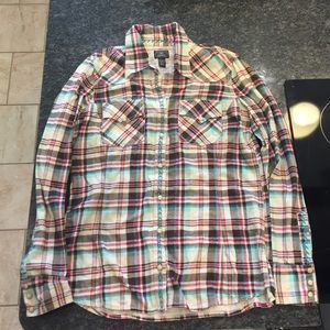Lucky Brand Pearl Snap Flannel Pink Teal L