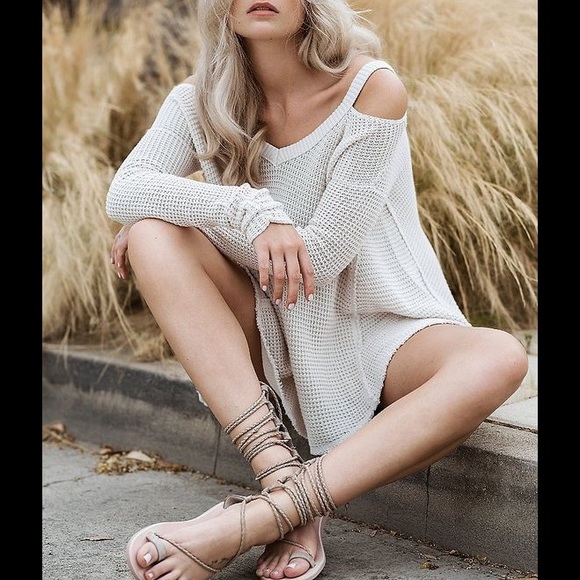 Plus Size Waffle Knit Cold Shoulder Sweater Tunic - Picture 3 of 4