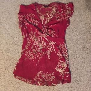 (M) sheer flow red v-neck blouse for Christmas