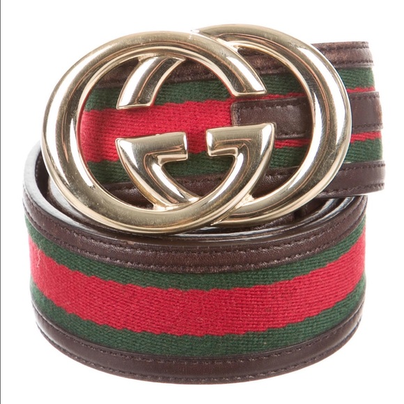 Gucci leather belt with web and GG buckle