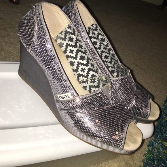 Silver sparkly Tom wedges