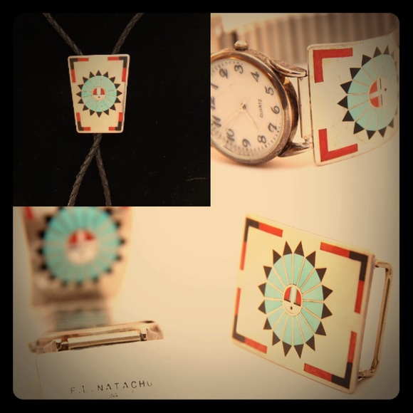 F.L.Natachu Sun Face Zuni Inlaid Set - Picture 1 of 4