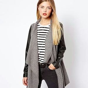 ASOS waterfall knit cardigan faux leather sleeves
