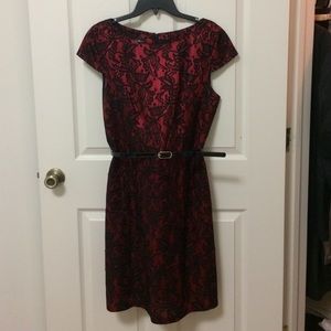 Red belted dress with black lace. Worn once.