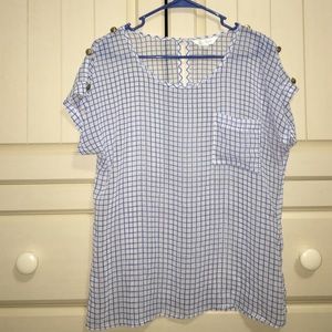 Blue and white patterned blouse