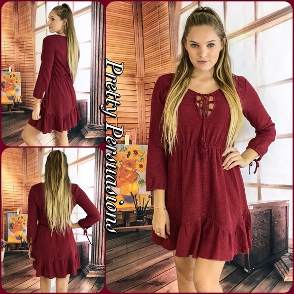 SOLD Burgundy Smock Waist Lace Up Flirty Dress - Picture 2 of 4