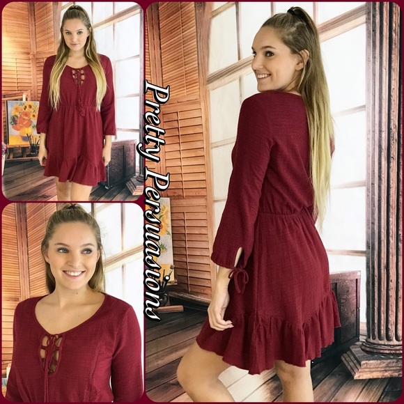 SOLD Burgundy Smock Waist Lace Up Flirty Dress - Picture 3 of 4
