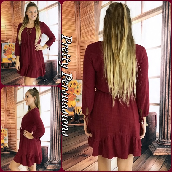 SOLD Burgundy Smock Waist Lace Up Flirty Dress - Picture 4 of 4