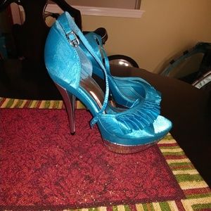 Sky Blue & Silver Satin Platform Heels