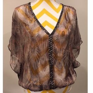 Forever 21 Beaded Top w/ Peacock feather print