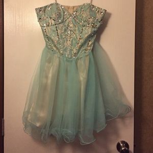 Light blue lace prom dress