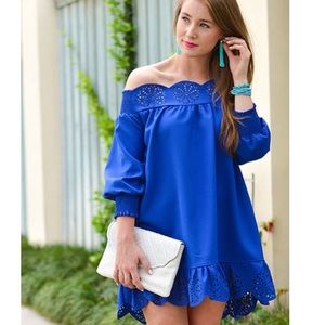Blue Off The Shoulder Peplum Hem Dress