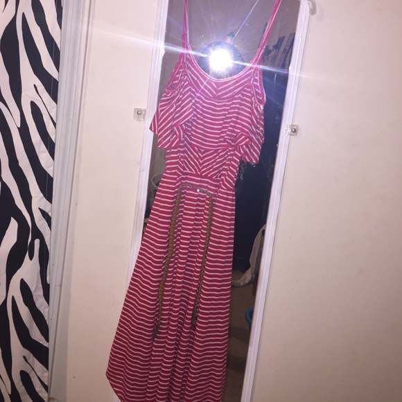Striped Red and White Dress With Brown Belt