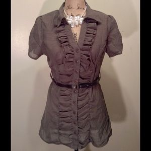 Olive Green Ruffled Button Up Blouse