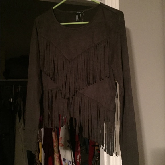 Green Feaux Suede Fringe Top