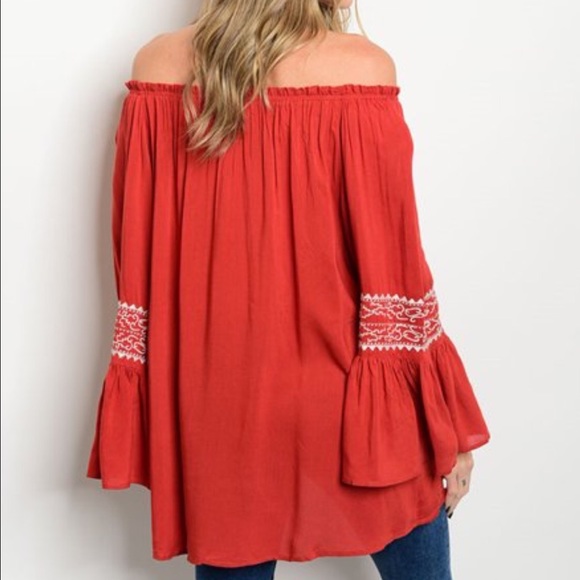 Off Shoulder Rust Orange Bell sleeve tunic top - Picture 2 of 3