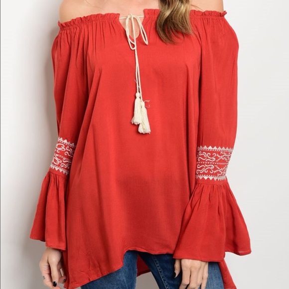 Off Shoulder Rust Orange Bell sleeve tunic top - Picture 3 of 3
