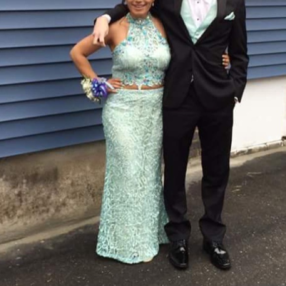 Sea green lace prom dress