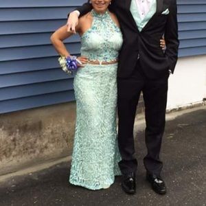 Sea green lace prom dress