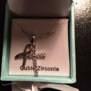 Pink cross and breast cancer ribbon necklace