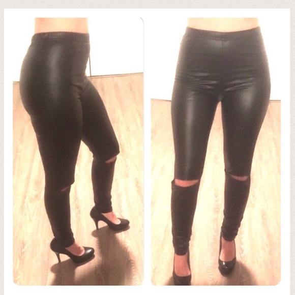 Black Faux Leather Cut-Out Knee leggings - Picture 2 of 4