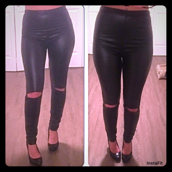 Pants - Black Faux Leather Cut-Out Knee leggings