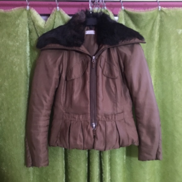 Cognac brown puffer rabbit 🐰 fur collar puffer