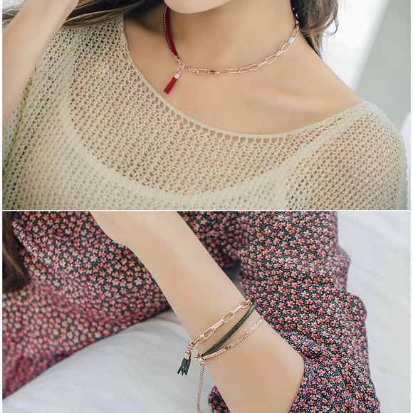 Red leather bracelet with rose gold chain - Picture 3 of 4