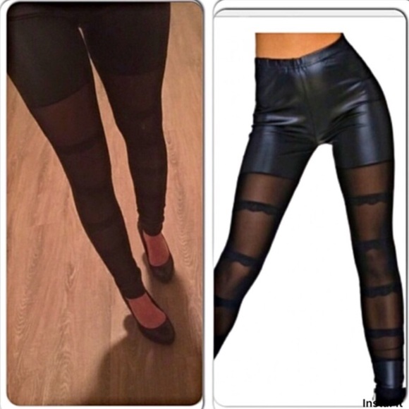 Pants - Black leggings w Sheer front W Lace Detail