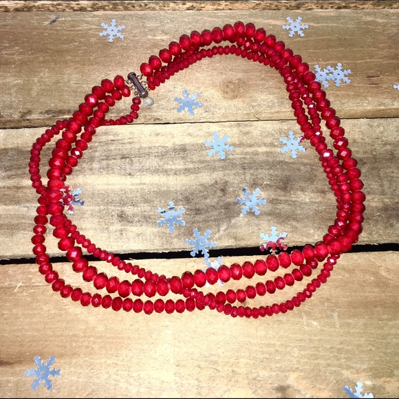 Donna Dressler Triple Strand Red Crystal Necklace