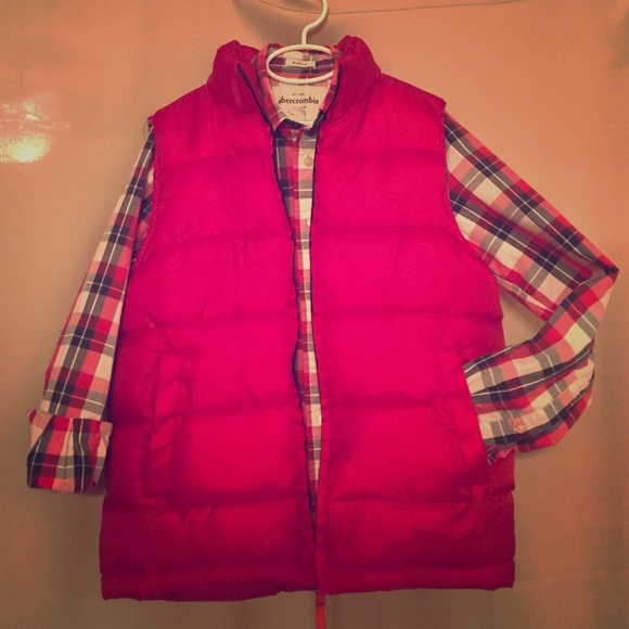 Abercrombie plaid button down and red puffer vest