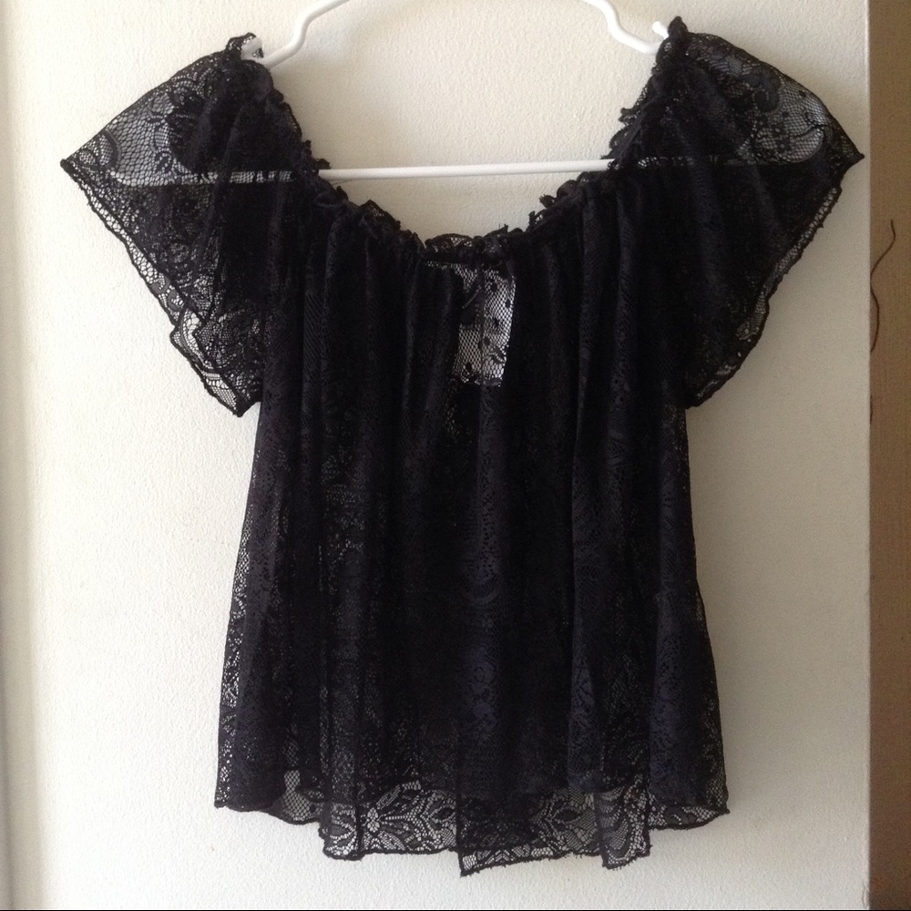 New Black Open Shoulder Lace Top - Picture 1 of 3