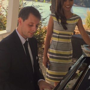 Yellow gray striped pencil cut dress