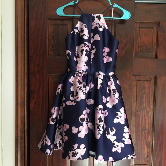 Pink and navy floral low-back halter dress