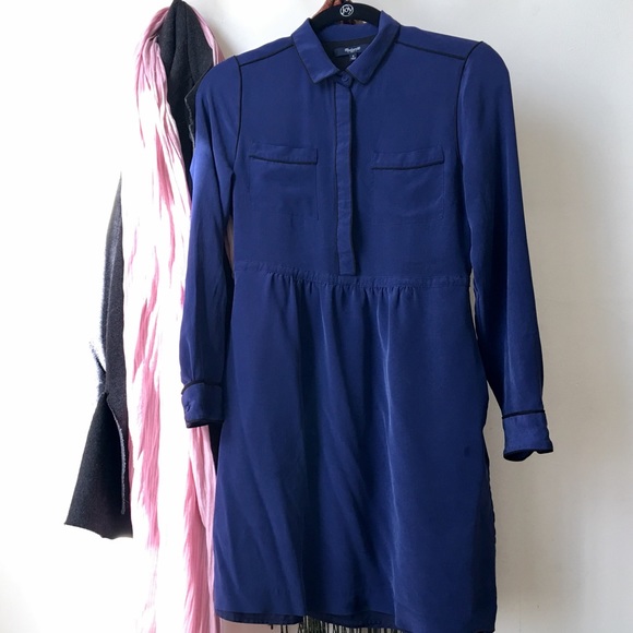 Blue silk Madewell dress with peter pan collar