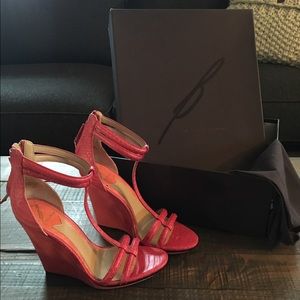 Brian Atwood pink/orange leather sandal wedges 6