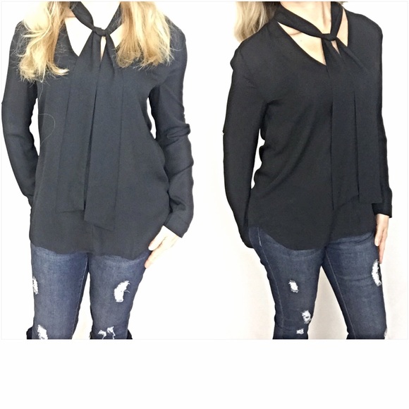 ✨SALE Sexy Choker Tie Neck Blouse Black Top S - Picture 4 of 4