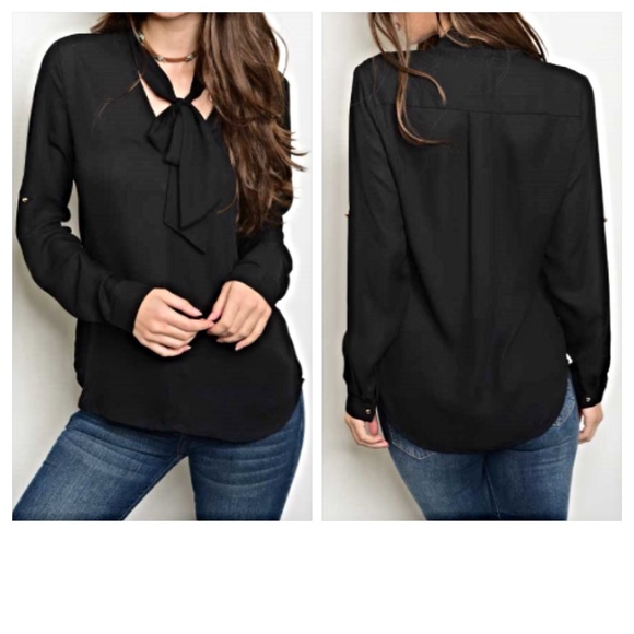 ✨SALE Sexy Choker Tie Neck Blouse Black Top S - Picture 2 of 4