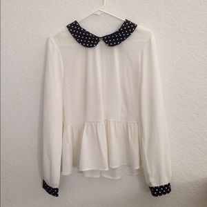 white peplum blouse with polka dot collar