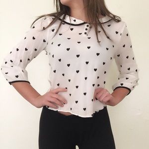 Black and white heart polka dot cropped blouse
