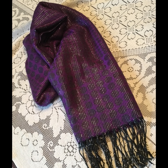 Purple and black silver metallic scarf with fringe