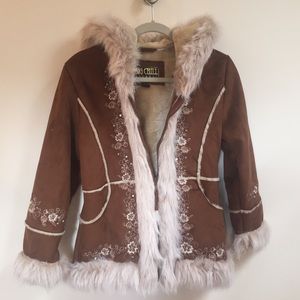 Girls winter embroidered faux fur jacket