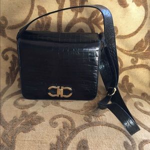 Black leather croc ferragamo purse