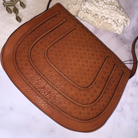 Perforated Detail Cognac Cross Body Saddle Bag - Picture 2 of 4