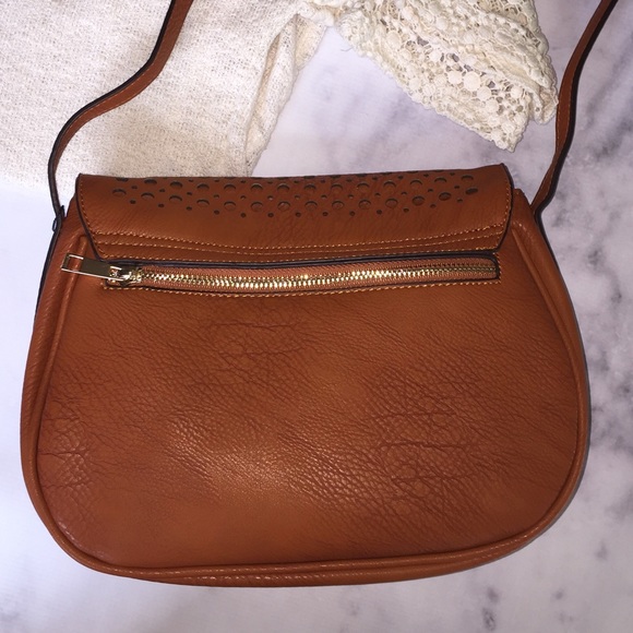 Perforated Detail Cognac Cross Body Saddle Bag - Picture 3 of 4