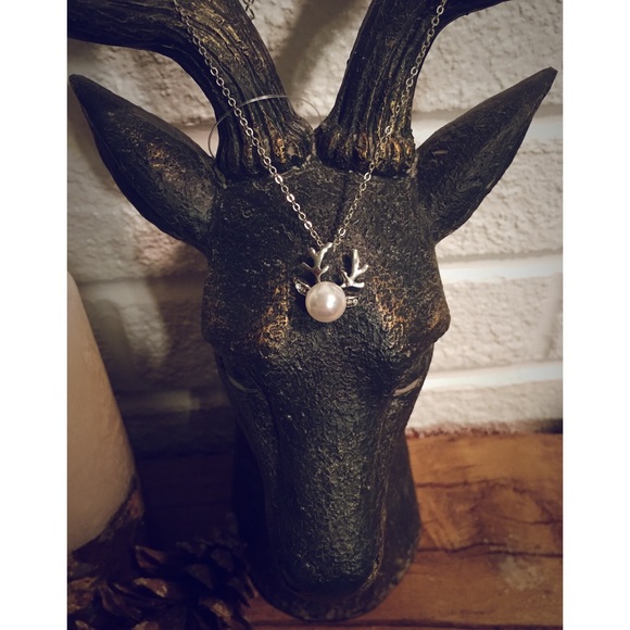 🦌Cute Silver Antler Pendent Necklace w Pearl - Picture 3 of 4
