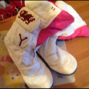 Pink and white fuzzy boots